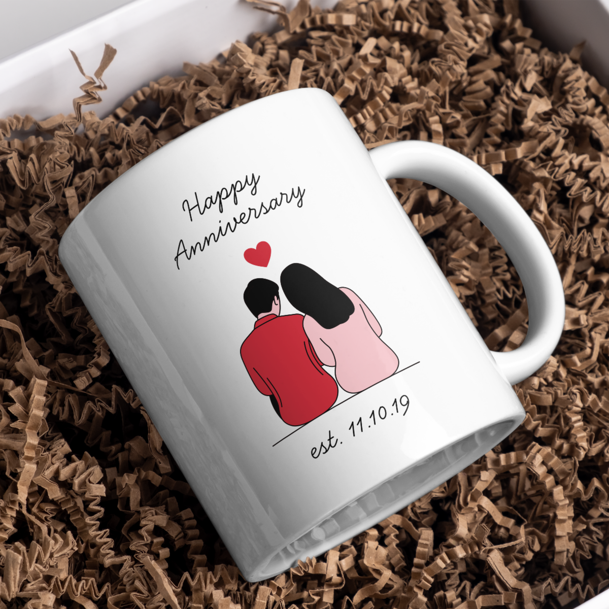 Couple Illustration and Date Anniversary Mug – gift presentation on paper packing