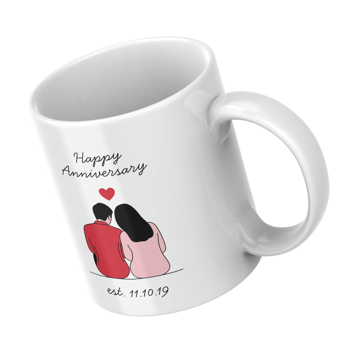 Couple Illustration and Date Anniversary Mug – angled view
