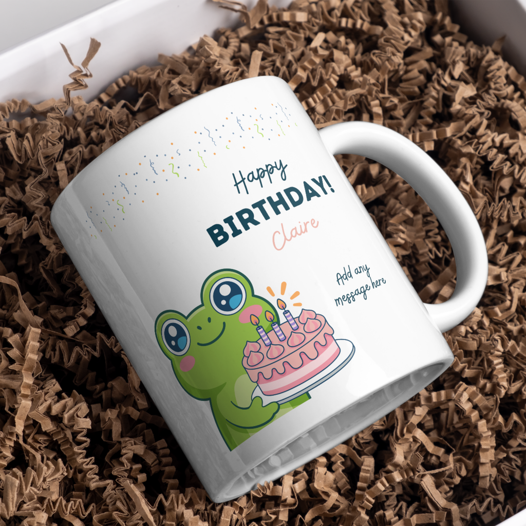Cute Frog Birthday Mug – gift presentation on paper packing