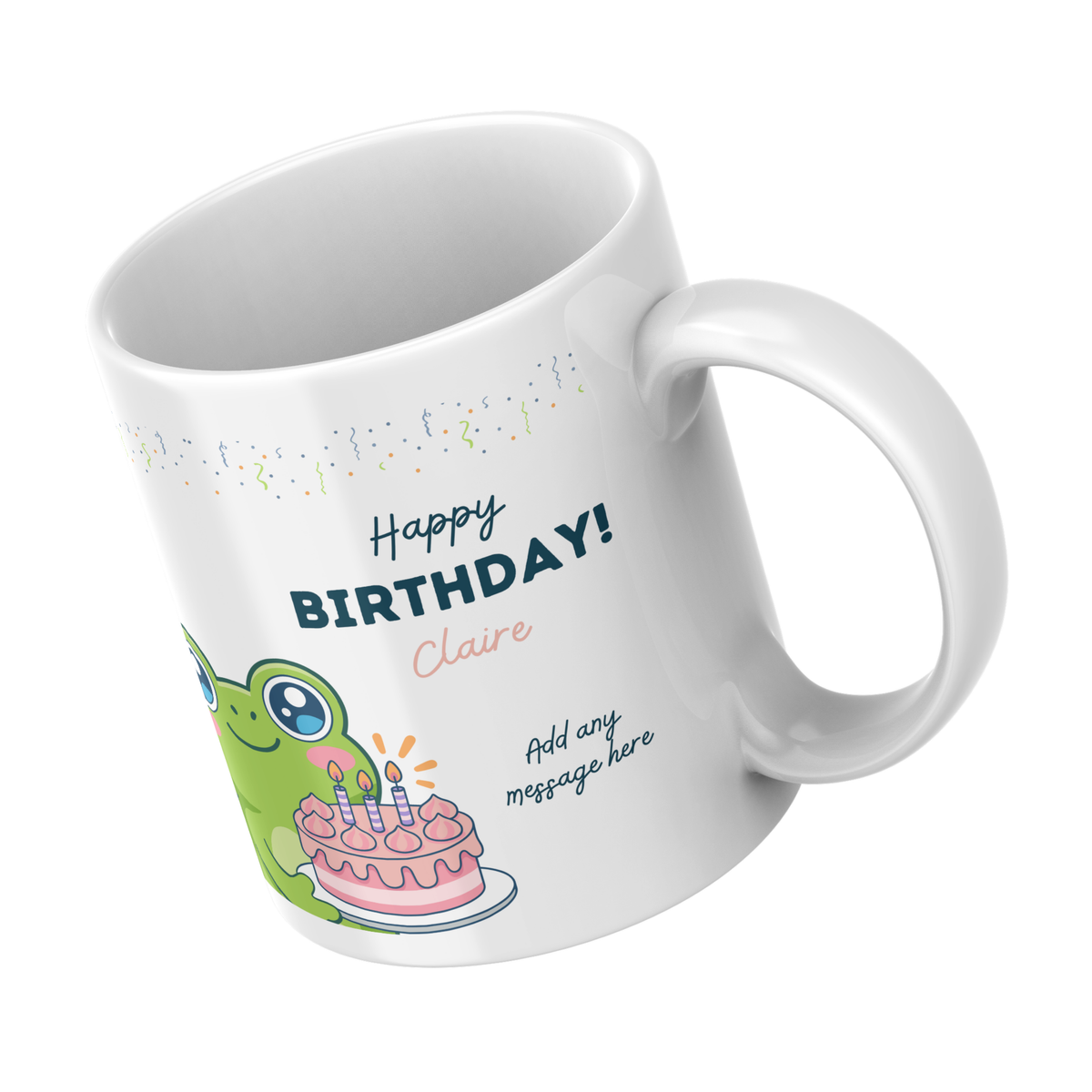 Cute Frog Birthday Mug – angled view