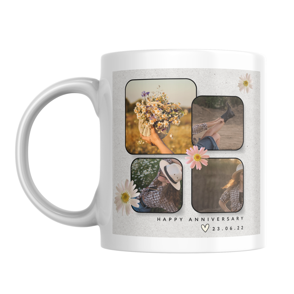 Daisy Four Photo Collage Anniversary Mug – front view with example photos