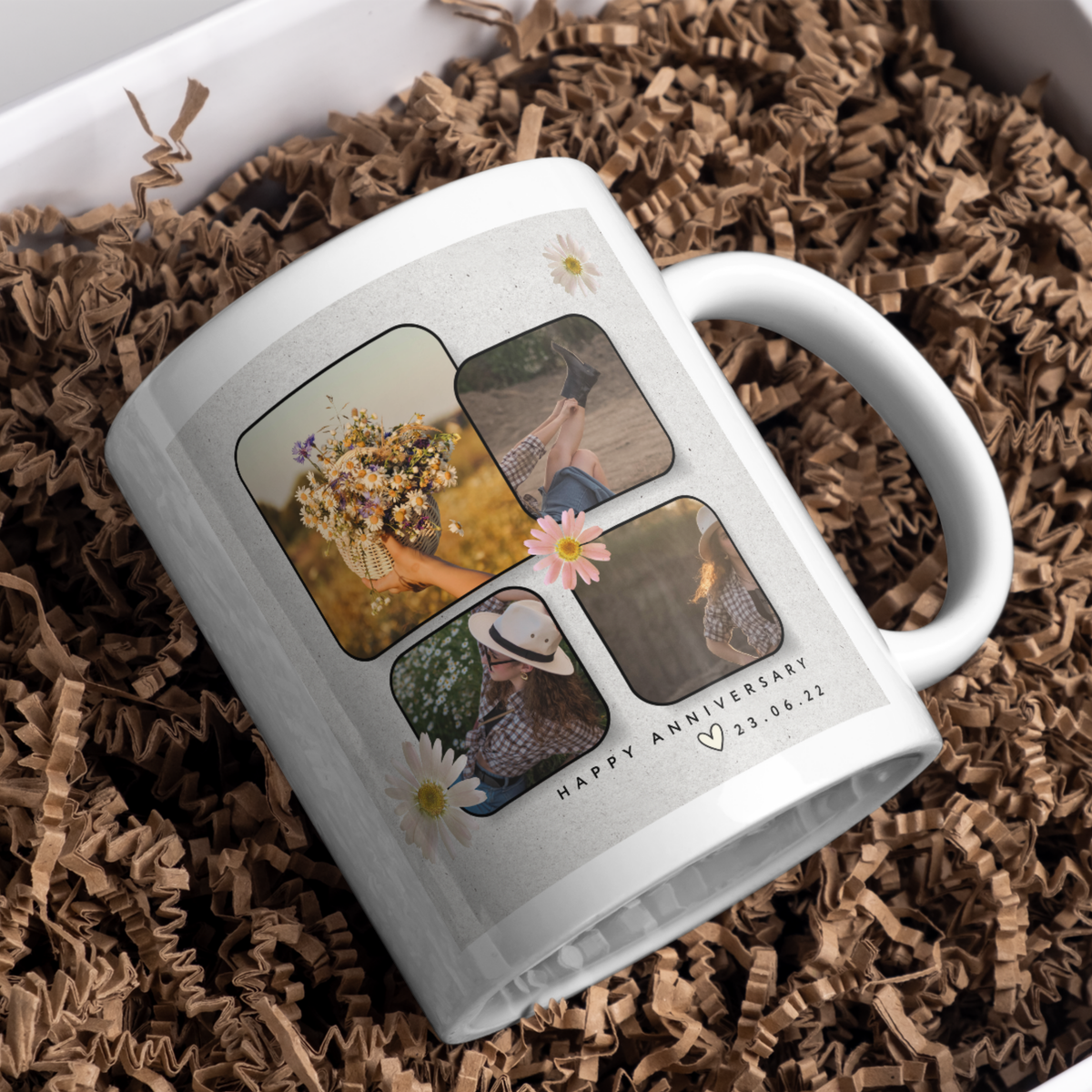 Daisy Four Photo Collage Anniversary Mug – gift presentation on paper packing