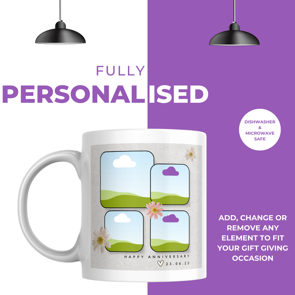 Daisy Four Photo Collage Anniversary Mug – personalisation information