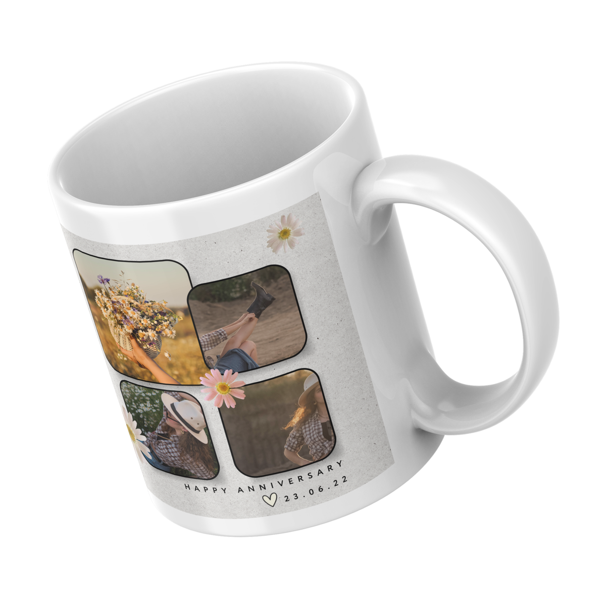 Daisy Four Photo Collage Anniversary Mug – angled view
