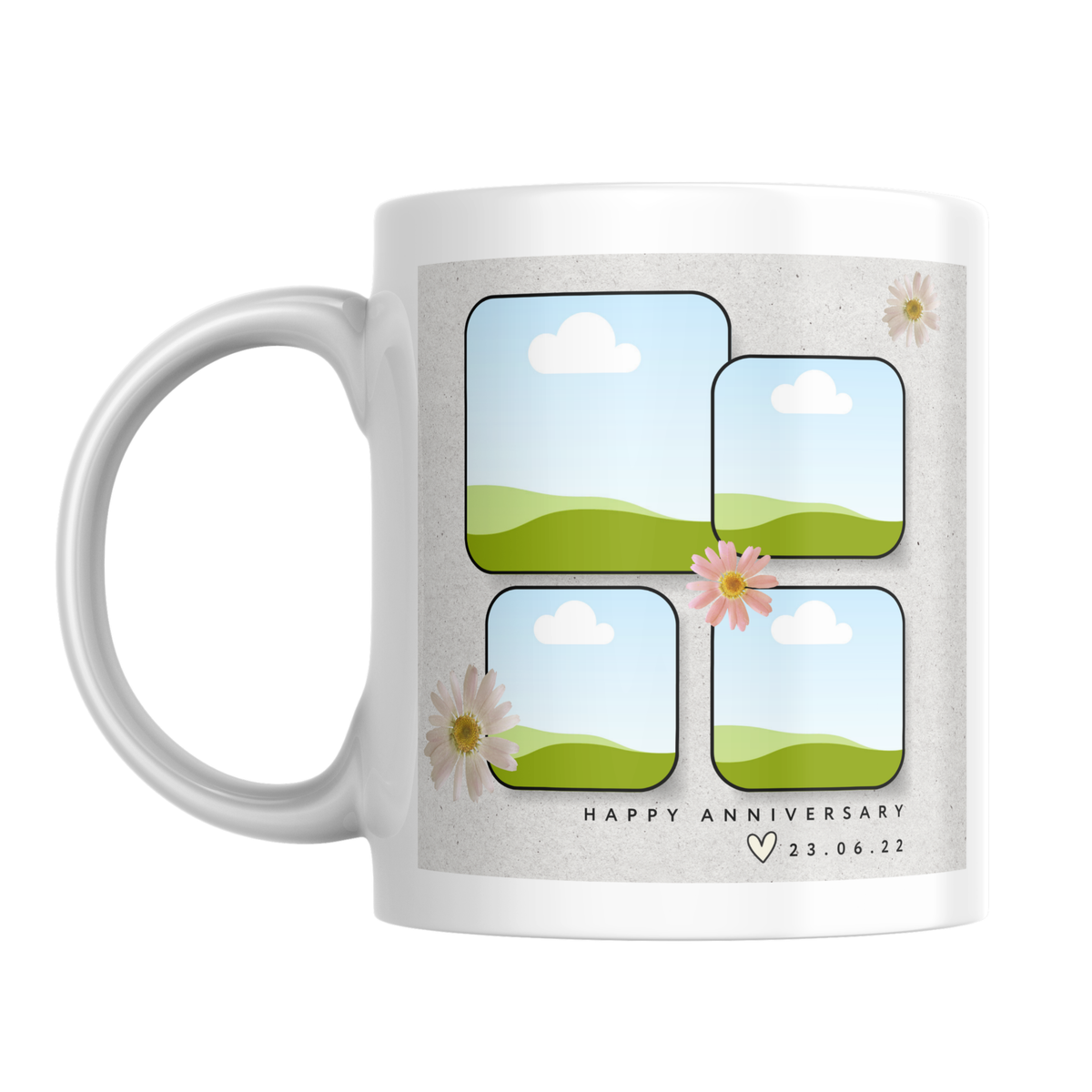 Daisy Four Photo Collage Anniversary Mug – front view with photo placeholders