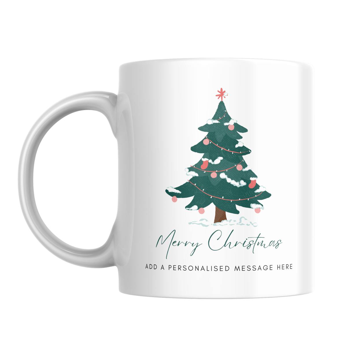 Decorated Green Christmas Tree Mug – front view