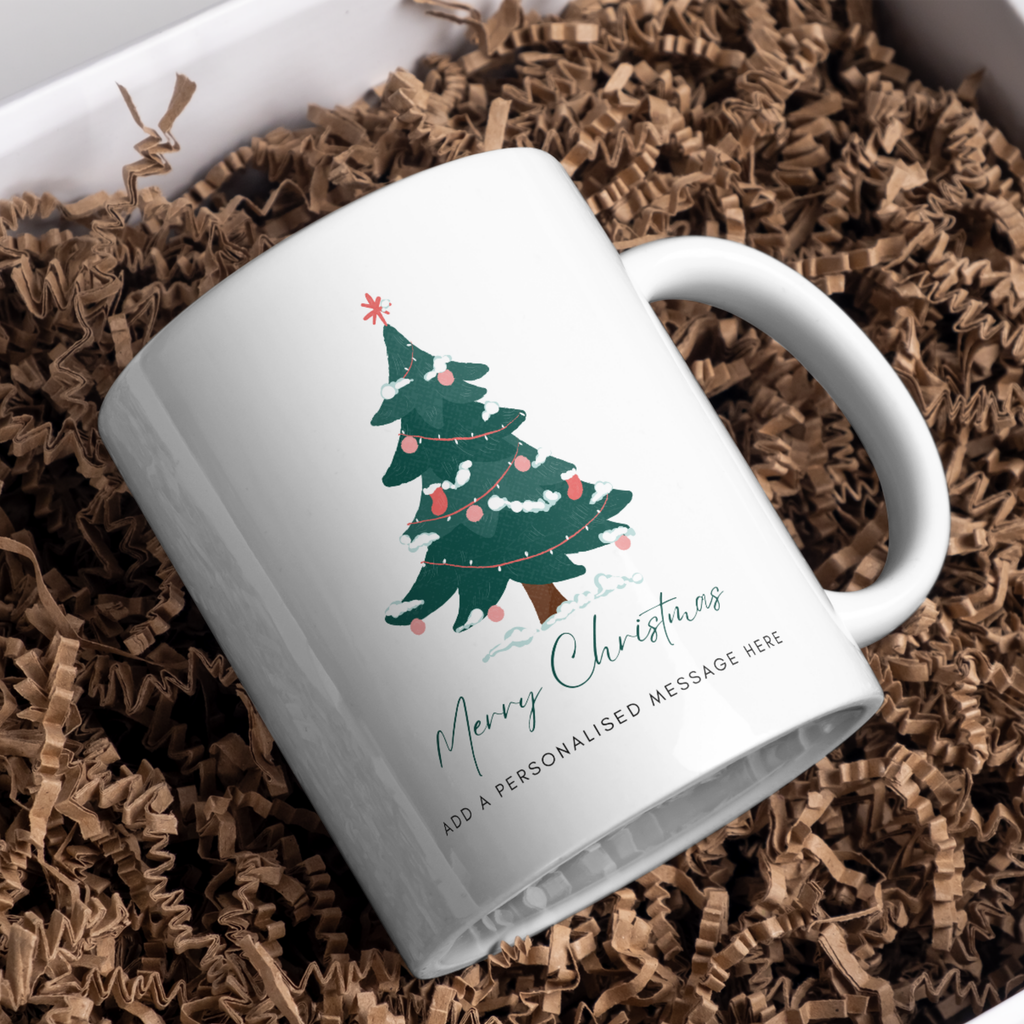 Decorated Green Christmas Tree Mug – gift presentation on paper packing