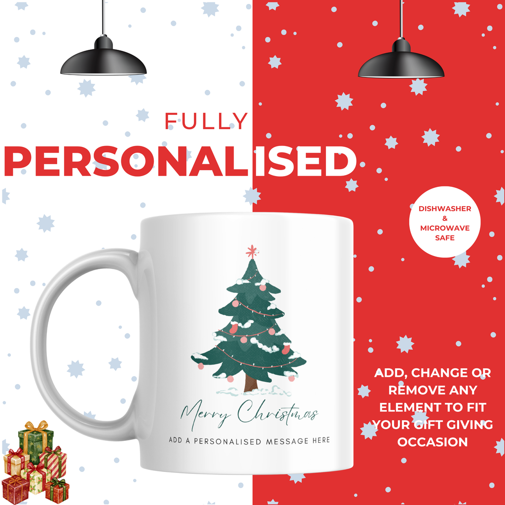 Decorated Green Christmas Tree Mug – personalisation information