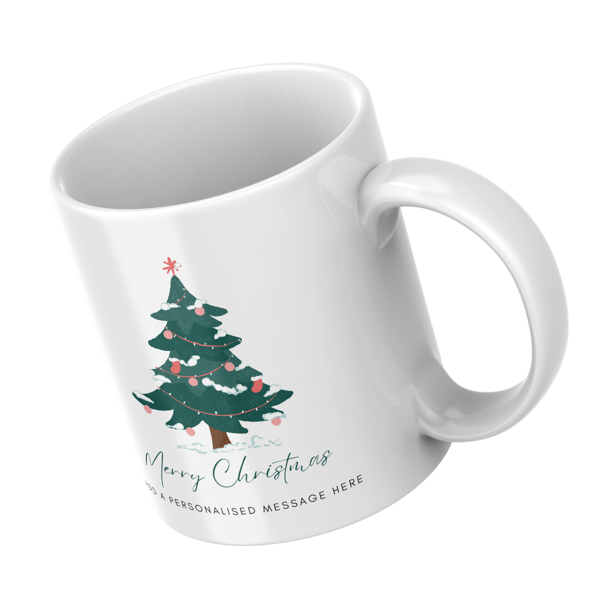 Decorated Green Christmas Tree Mug – angled view