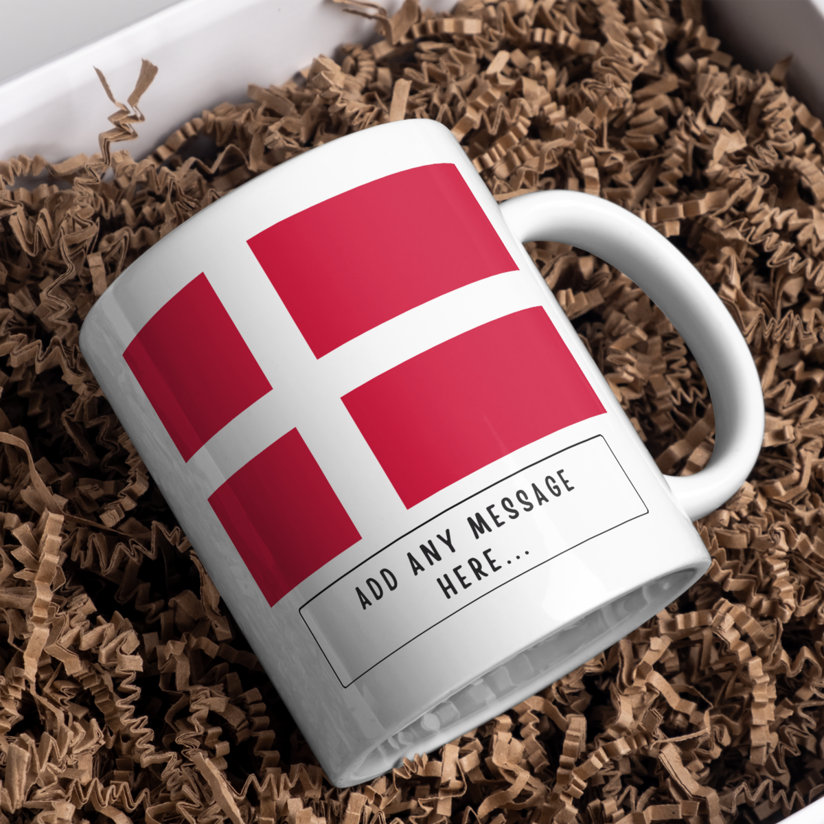 Personalised Denmark flag mug – gift presentation on paper packing