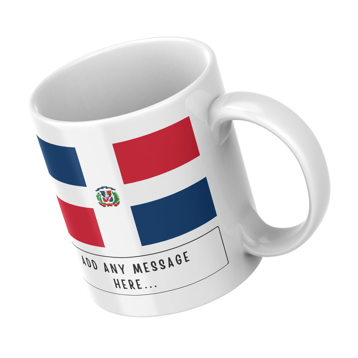 Personalised Dominican Republic flag mug – angled view