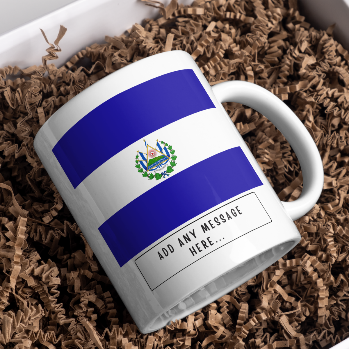 Personalised El Salvador flag mug – gift presentation on paper packing