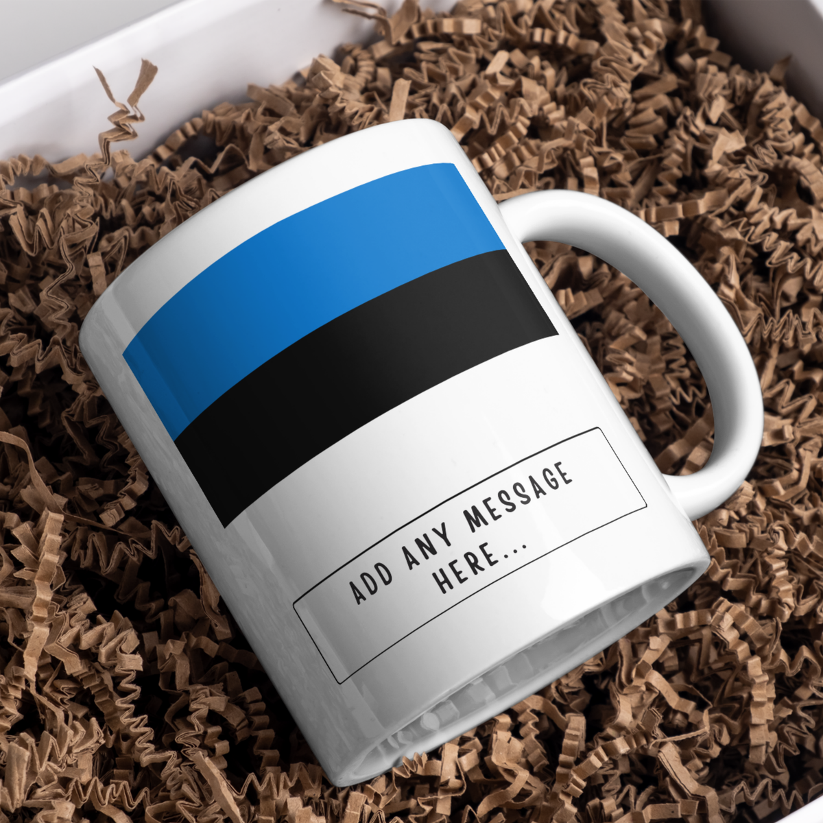Personalised Estonia flag mug – gift presentation on paper packing