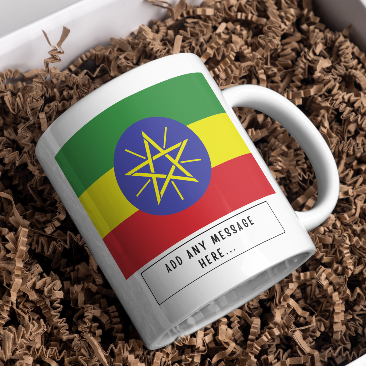 Personalised Ethiopia flag mug – gift presentation on paper packing