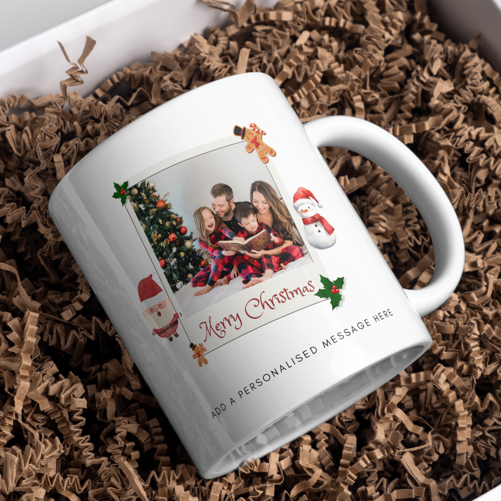 Festive Family Photo Frame Christmas Mug – gift presentation on paper packing