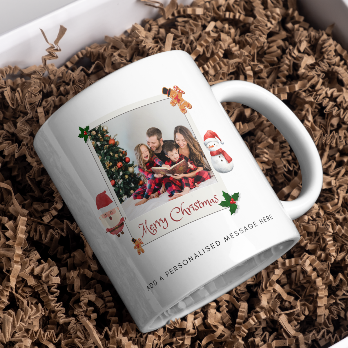 Festive Family Photo Frame Christmas Mug – gift presentation on paper packing