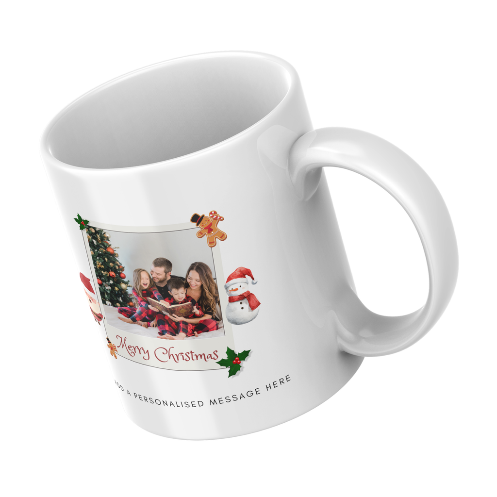 Festive Family Photo Frame Christmas Mug – angled view