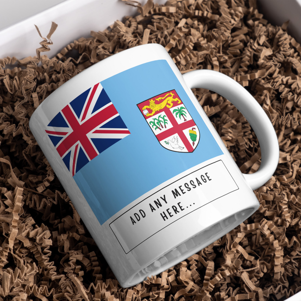 Personalised Fiji flag mug – gift presentation on paper packing