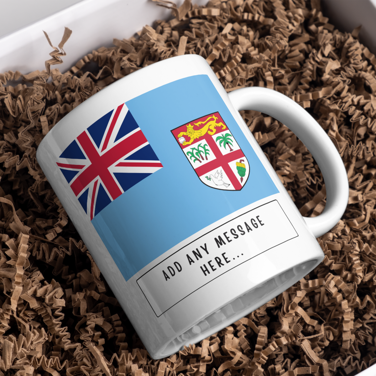 Personalised Fiji flag mug – gift presentation on paper packing