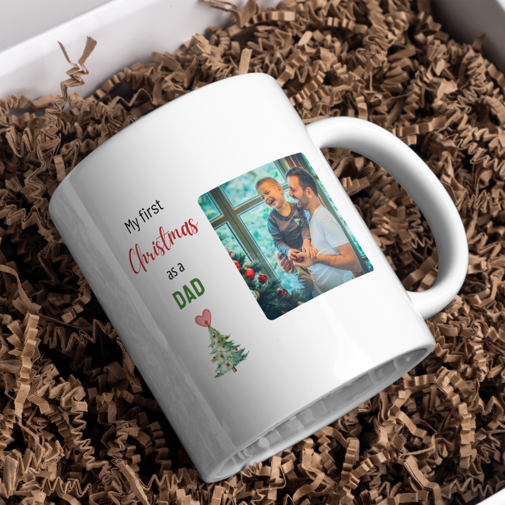 First Christmas as Dad Photo Mug – gift presentation on paper packing