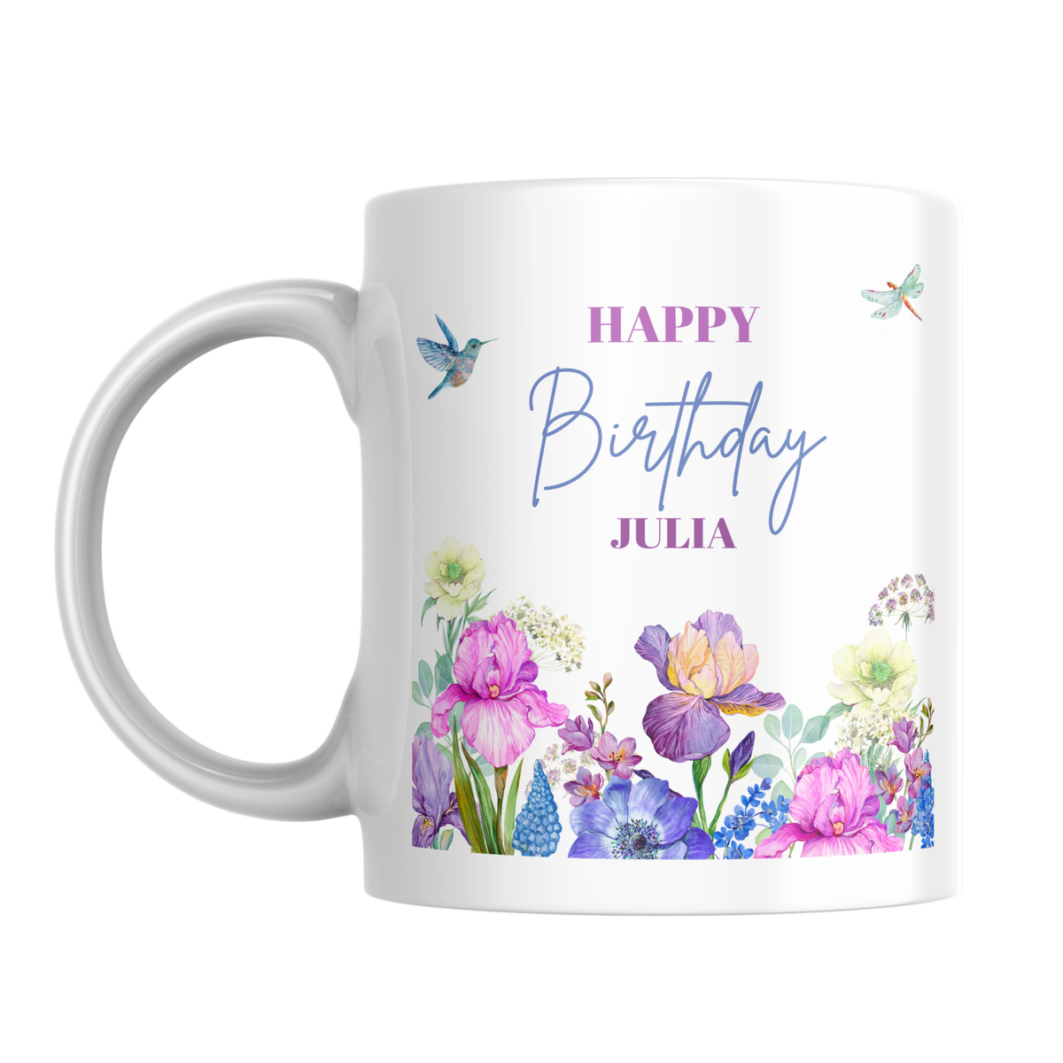 Floral Hummingbird Birthday Mug – front view