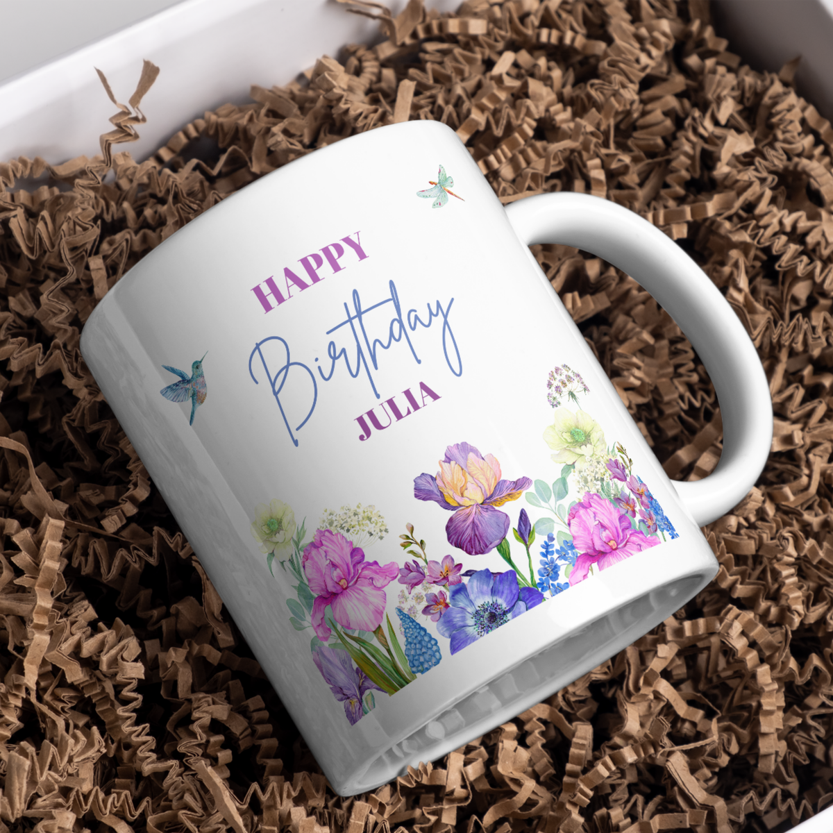Floral Hummingbird Birthday Mug – gift presentation on paper packing