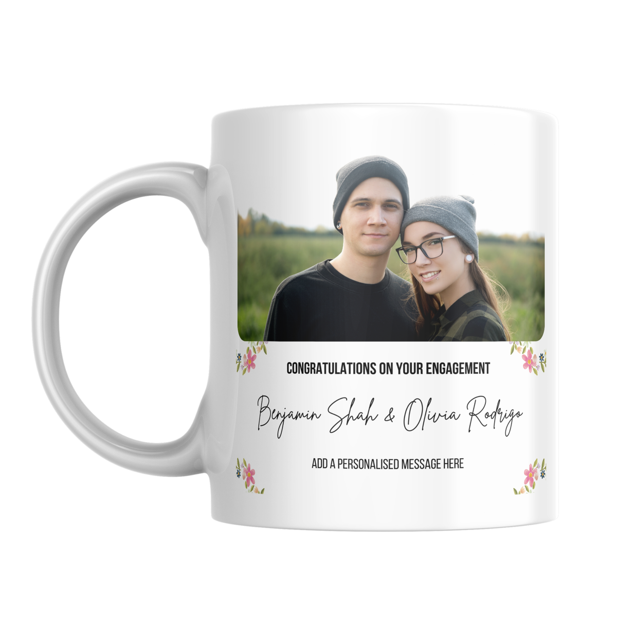 Floral Photo Engagement Mug – front view with example photo