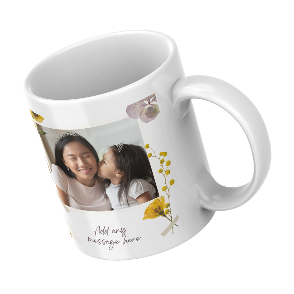 Floral Photo Mug – angled view with example photos