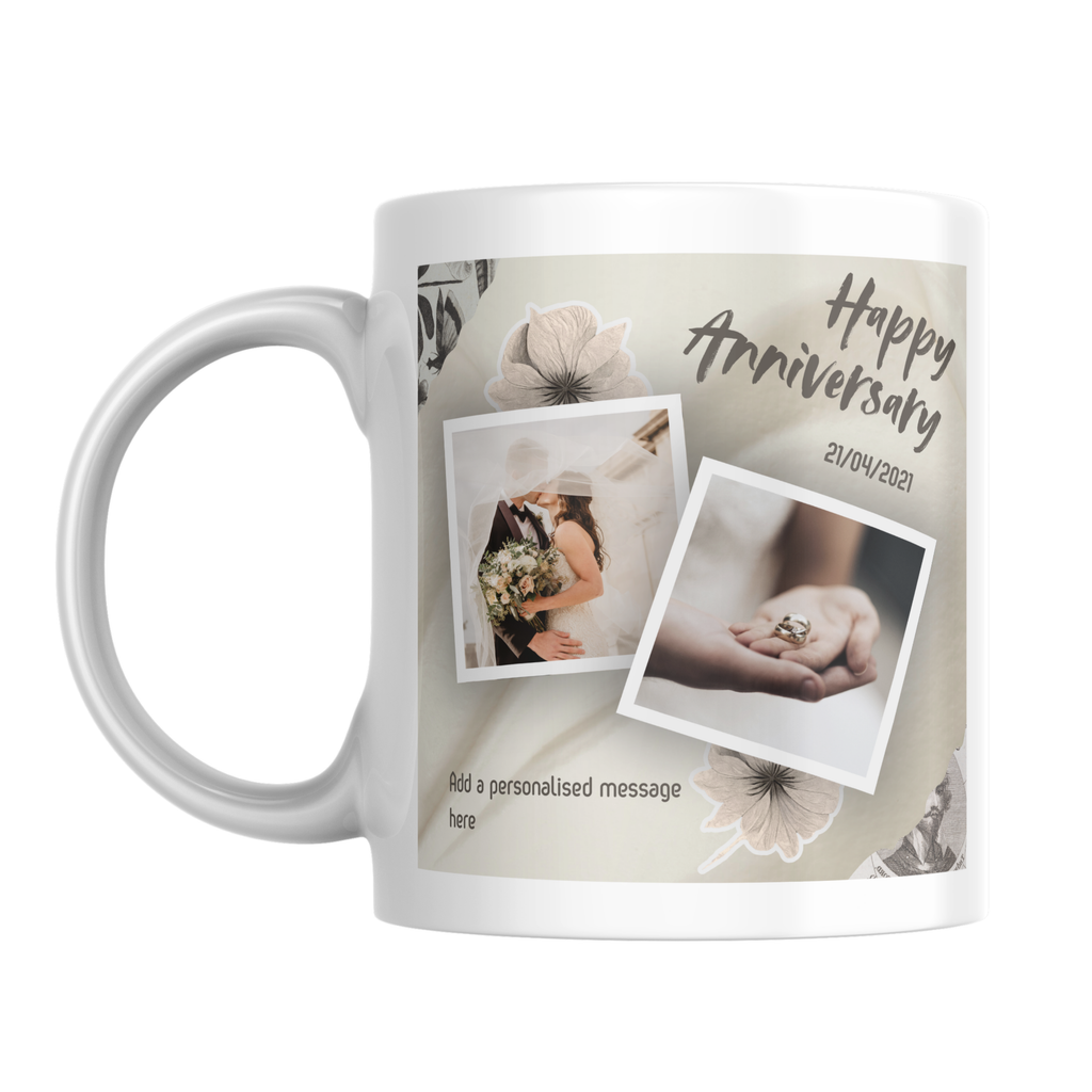 Floral Two Photo Anniversary Mug – front view with example photos