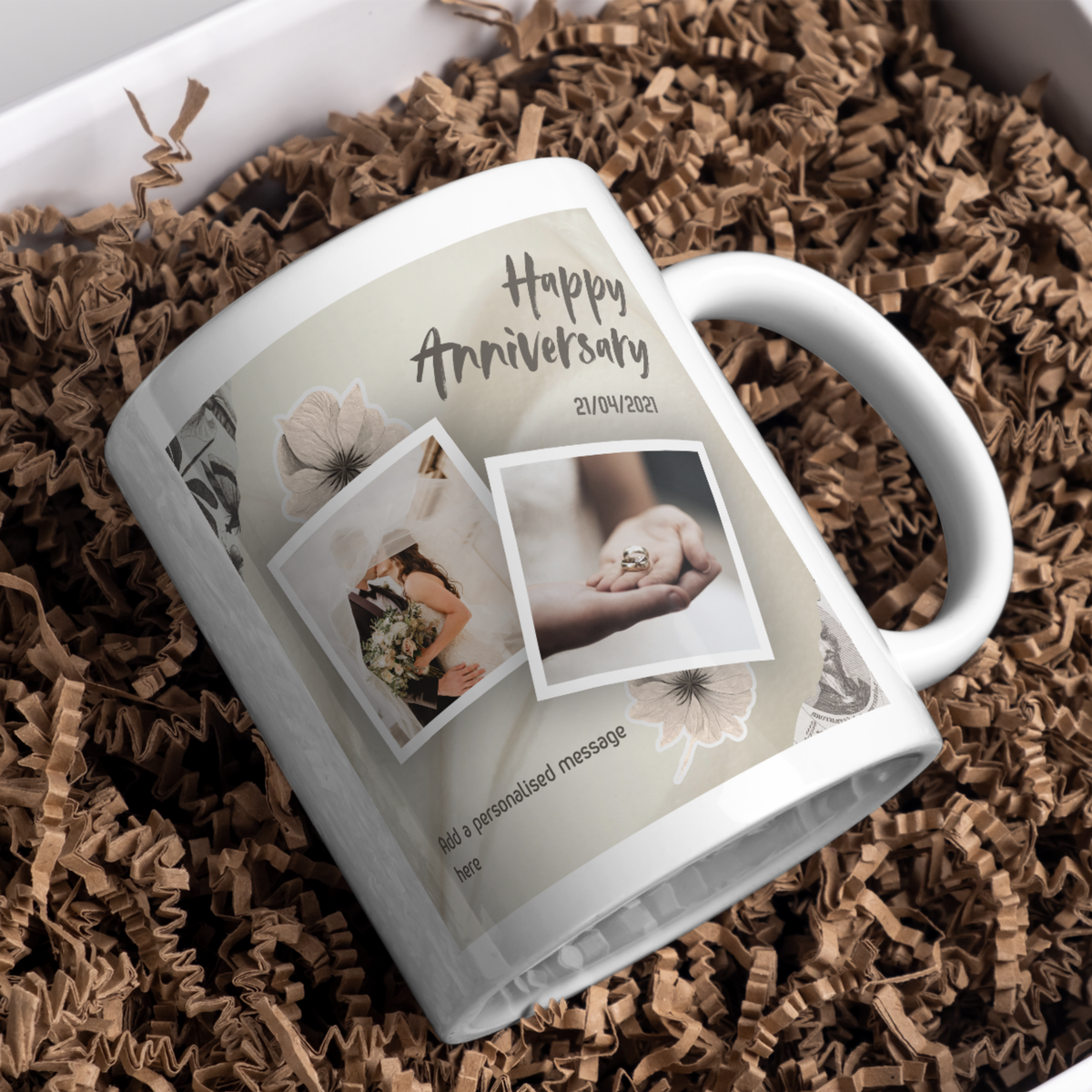 Floral Two Photo Anniversary Mug – gift presentation on paper packing