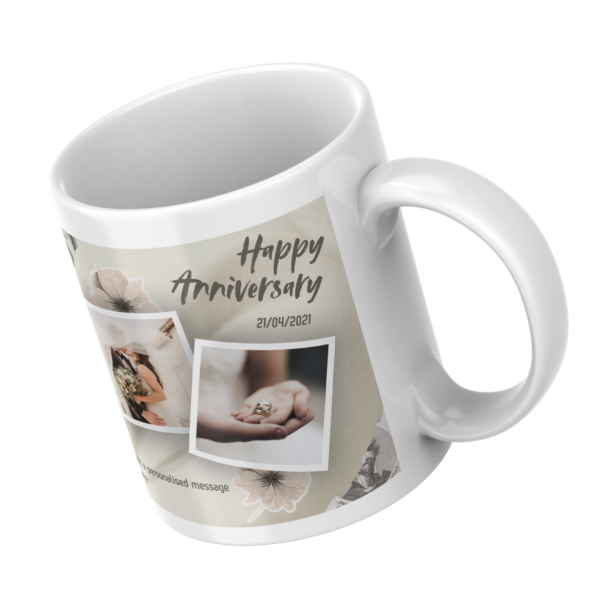 Floral Two Photo Anniversary Mug – angled view