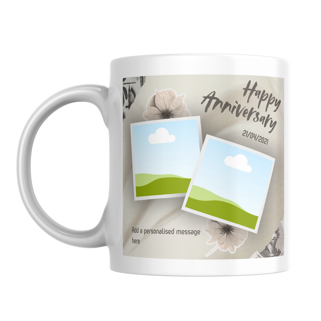 Floral Two Photo Anniversary Mug – front view with photo placeholders