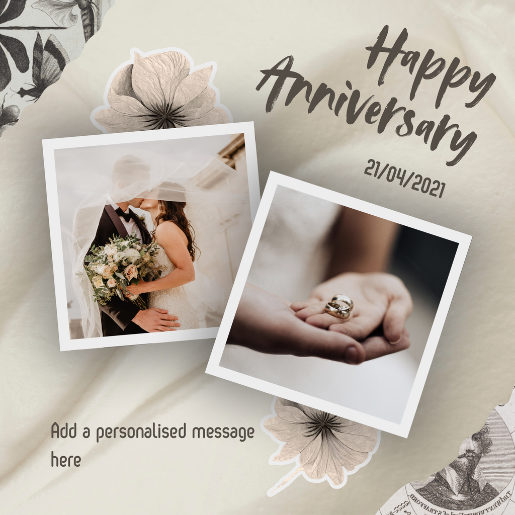 Floral Two Photo Anniversary Mug – flat artwork with example photos