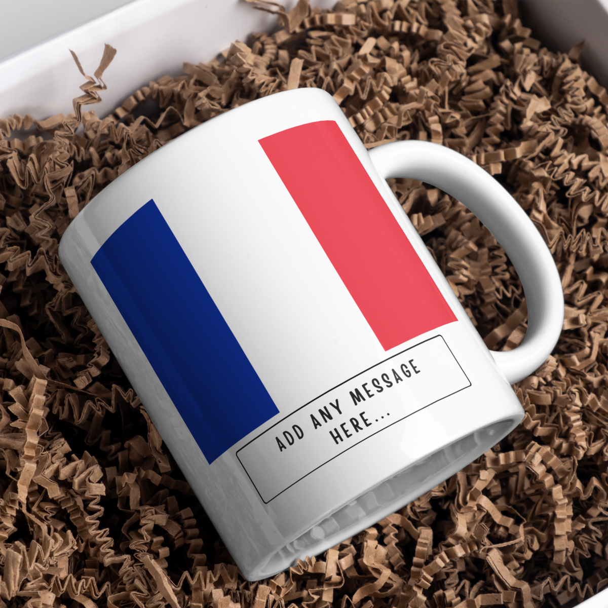 Personalised France flag mug – gift presentation on paper packing