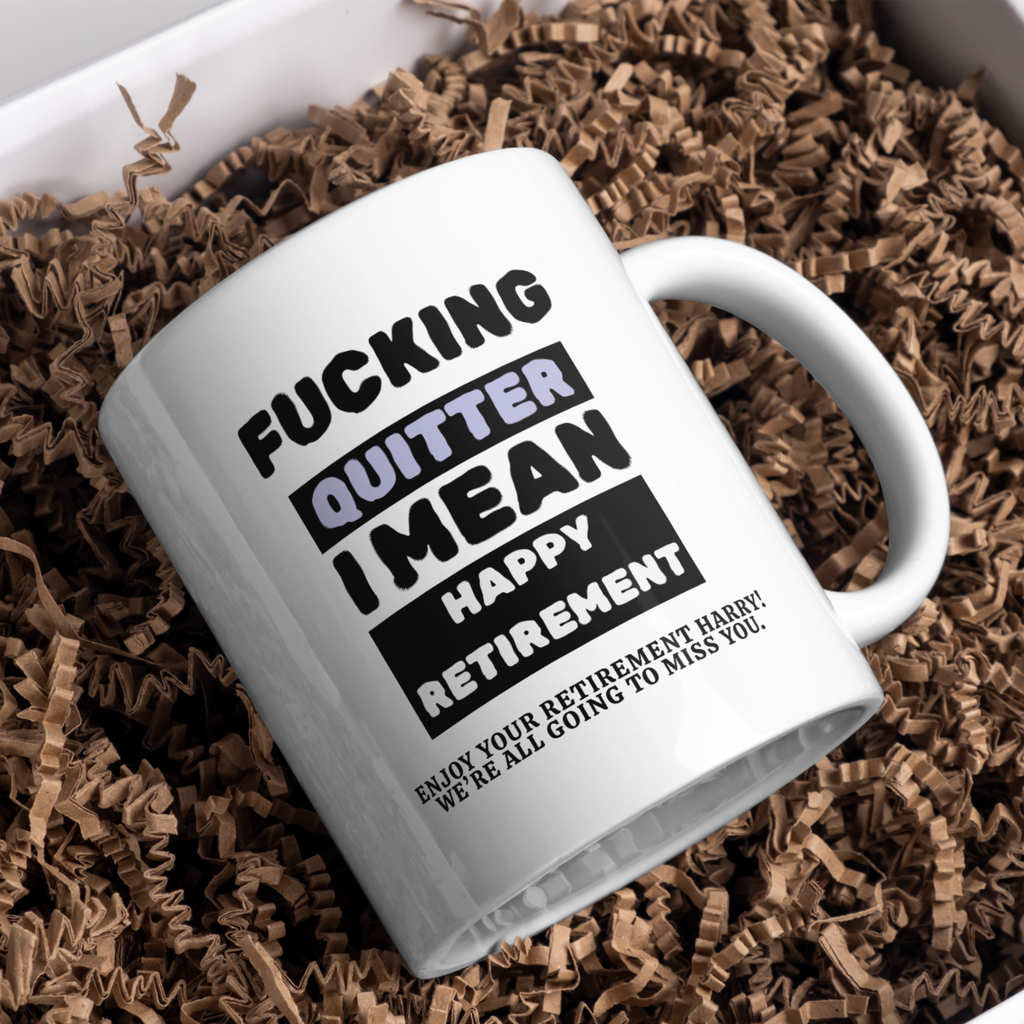 Fucking Quitter Block Lettering Retirement Mug – gift presentation on paper packing