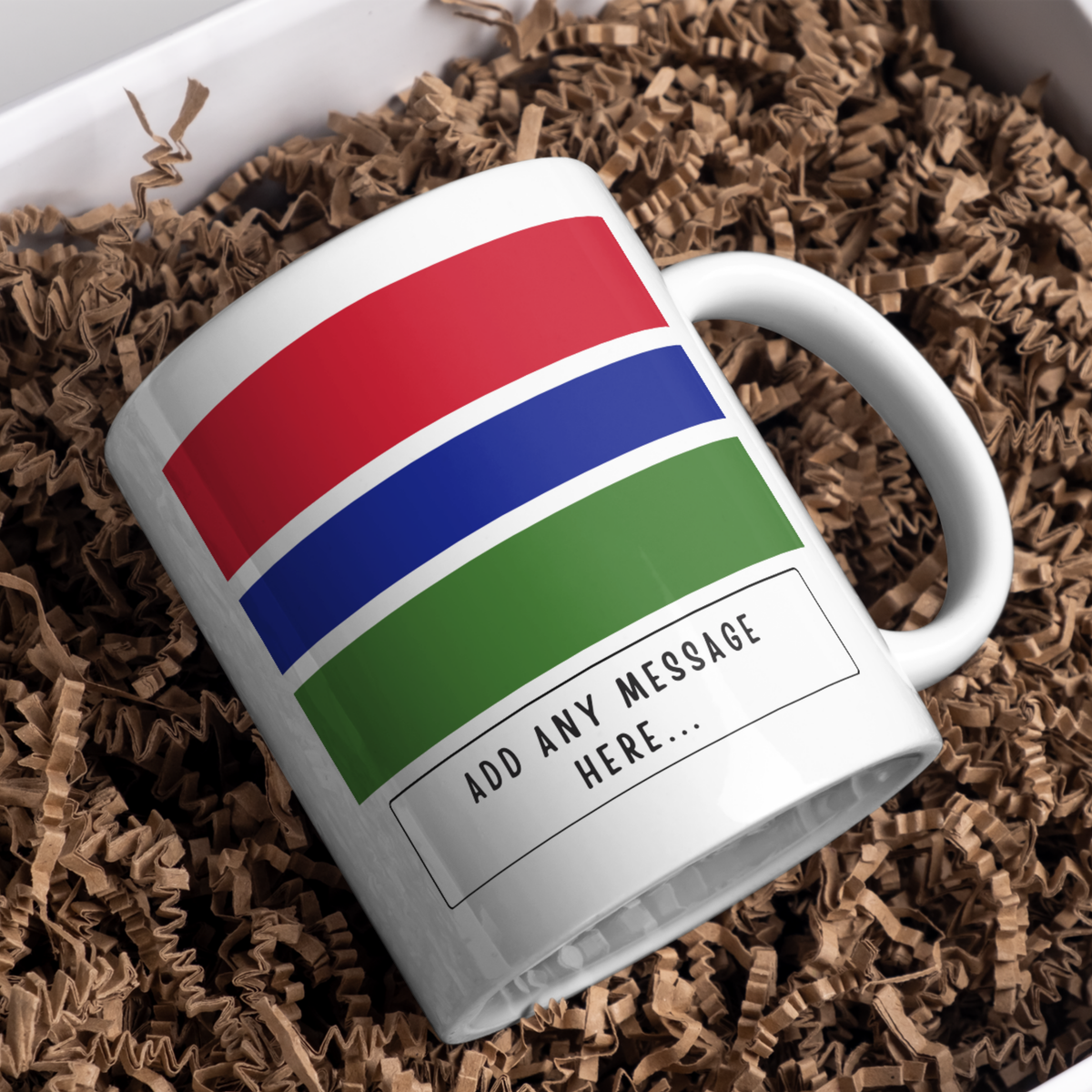 Personalised Gambia flag mug – gift presentation on paper packing