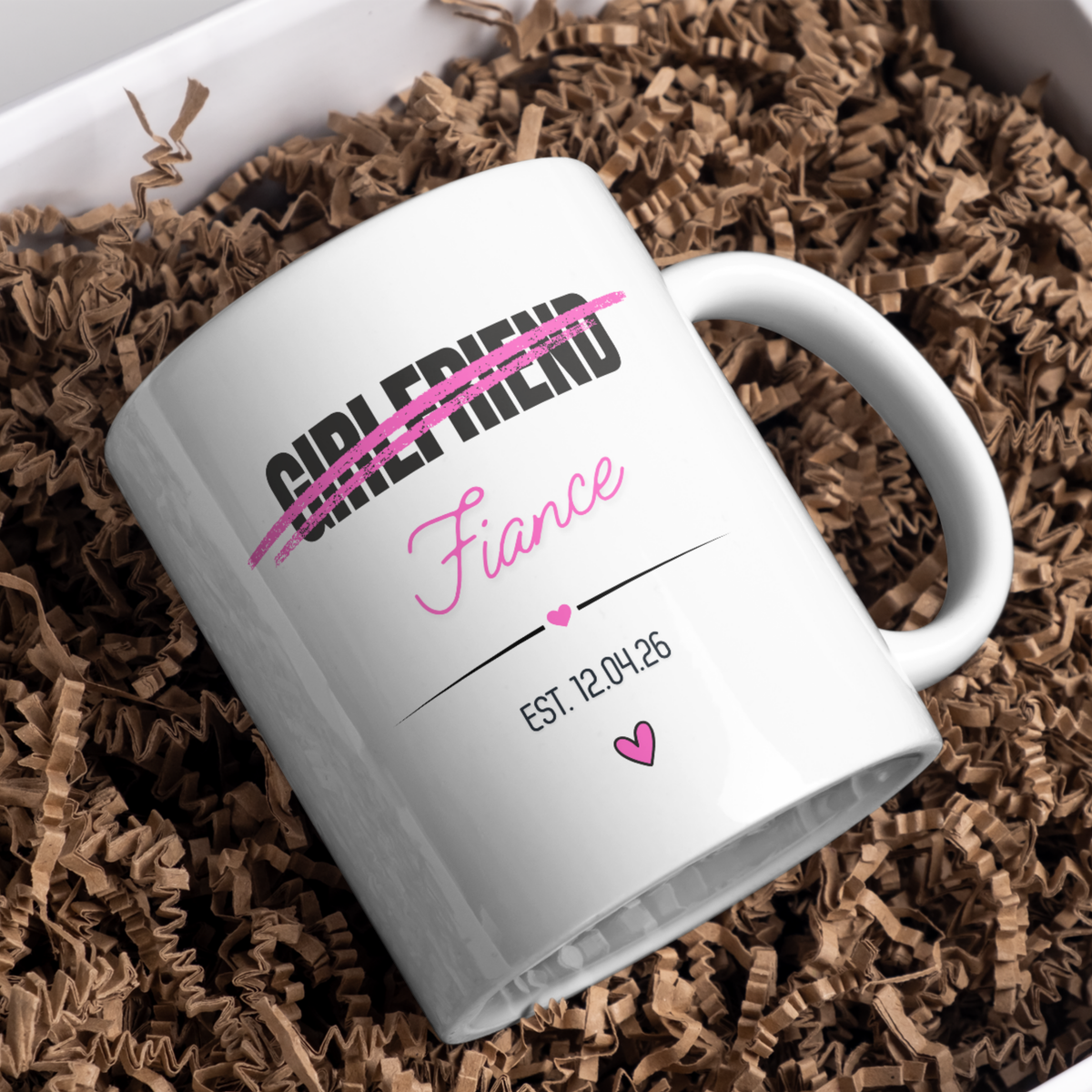 Girlfriend to Fiancée Engagement Mug – gift presentation on paper packing