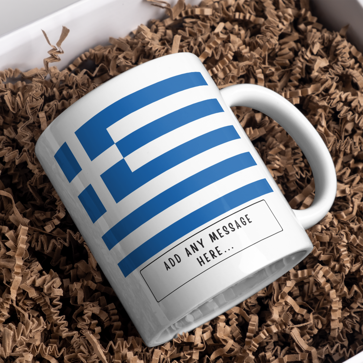 Personalised Greece flag mug – gift presentation on paper packing
