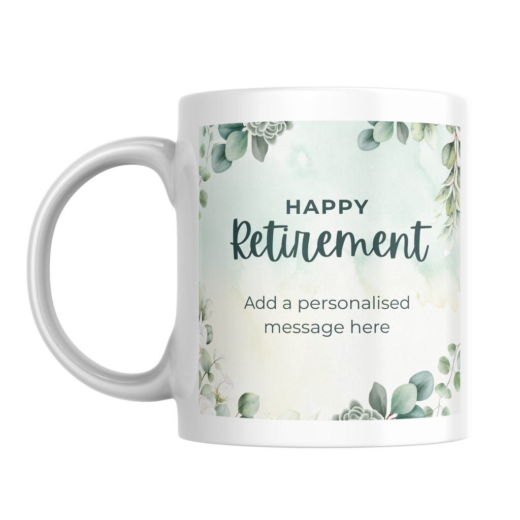 Green Eucalyptus Happy Retirement Mug – front view
