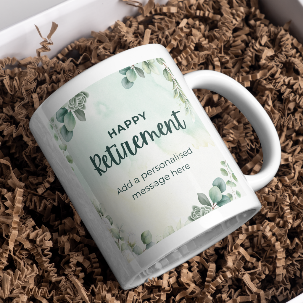 Green Eucalyptus Happy Retirement Mug – gift presentation on paper packing
