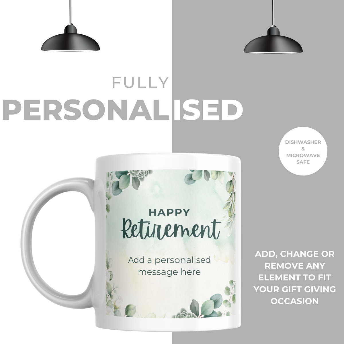 Green Eucalyptus Happy Retirement Mug – personalisation information