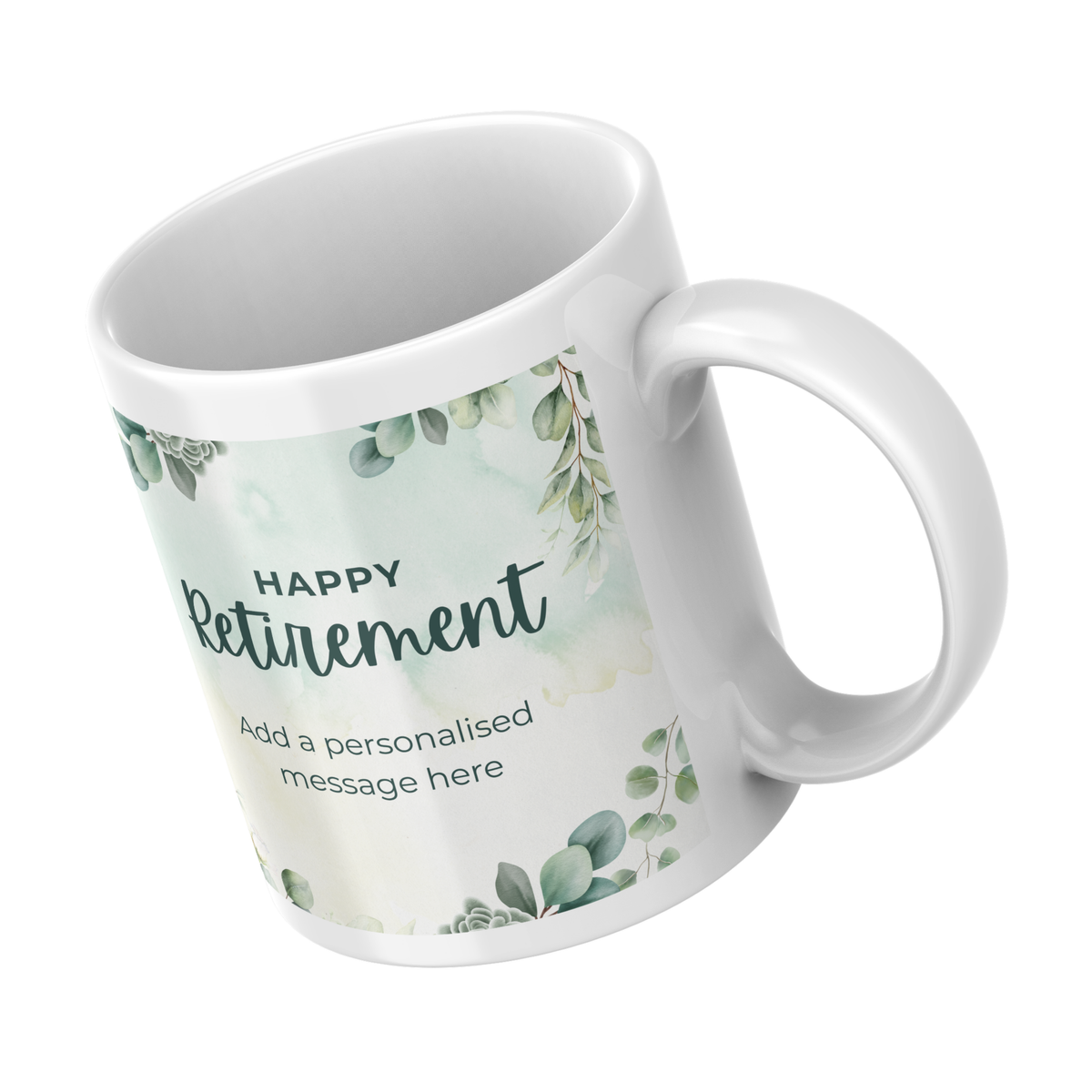 Green Eucalyptus Happy Retirement Mug – angled view