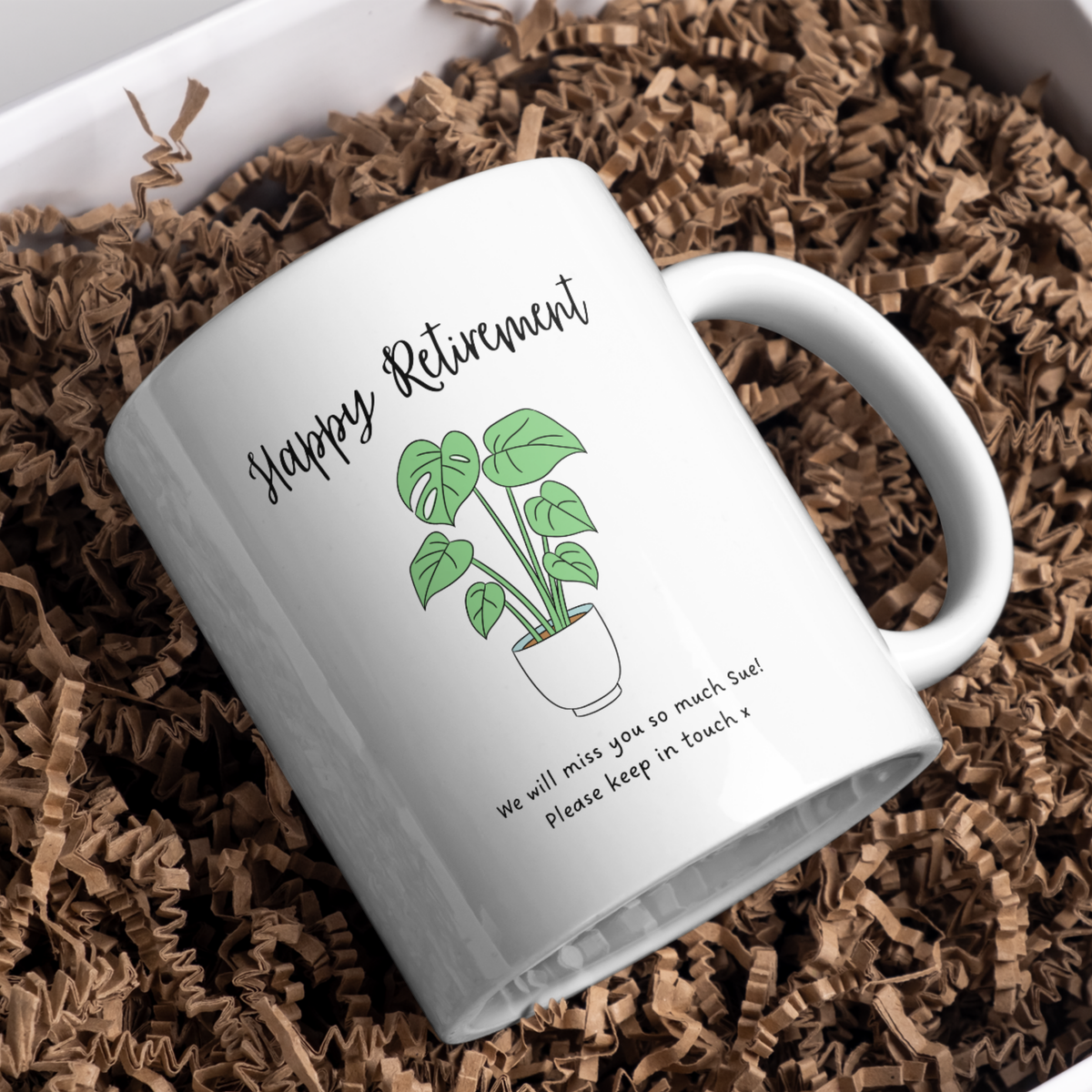 Green Houseplant Happy Retirement Mug – gift presentation on paper packing
