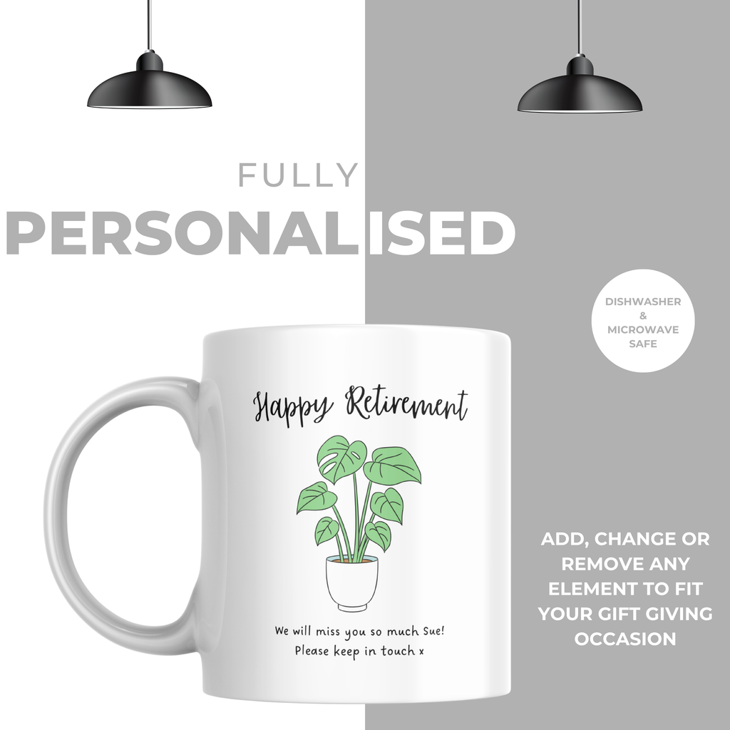 Green Houseplant Happy Retirement Mug – personalisation information