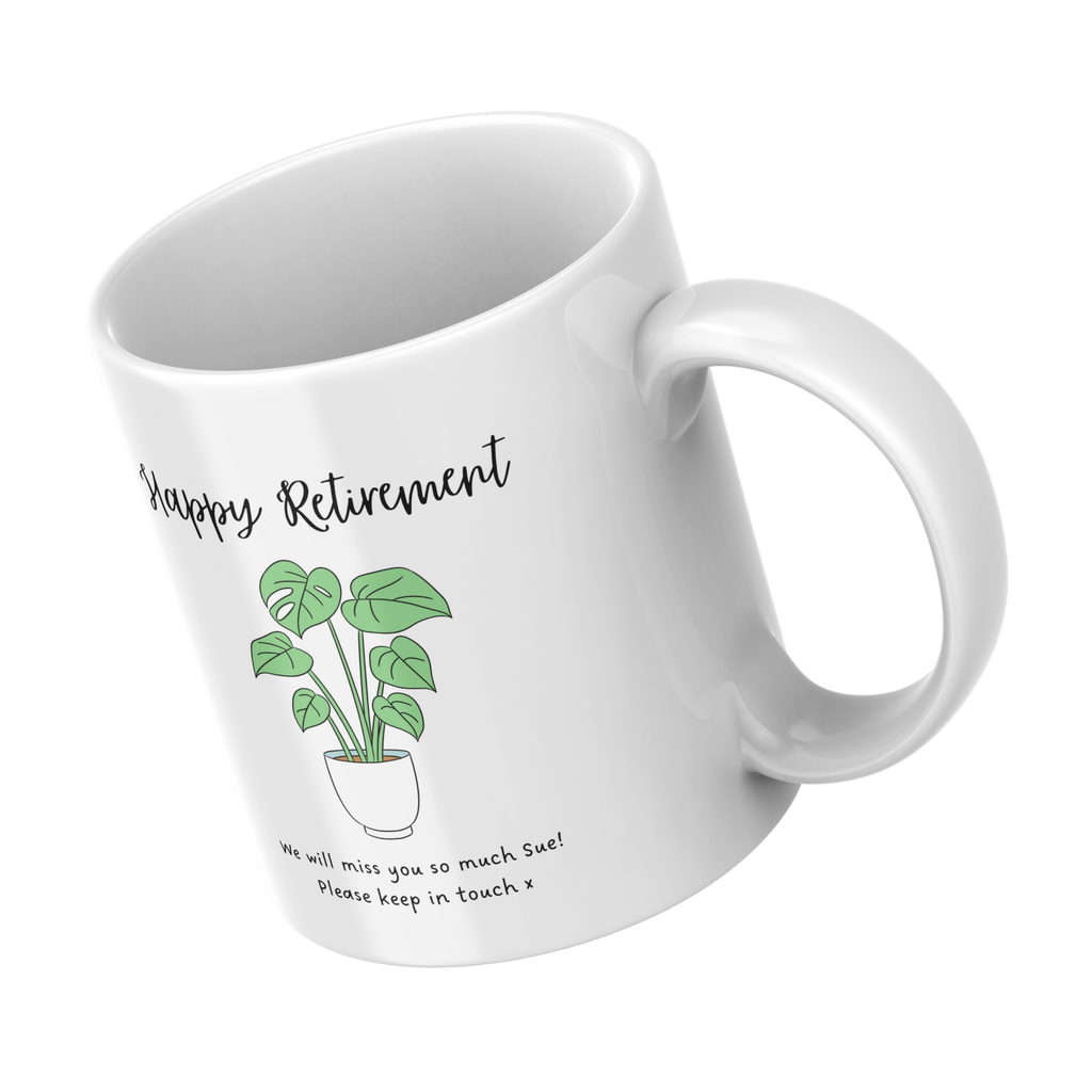 Green Houseplant Happy Retirement Mug – angled view