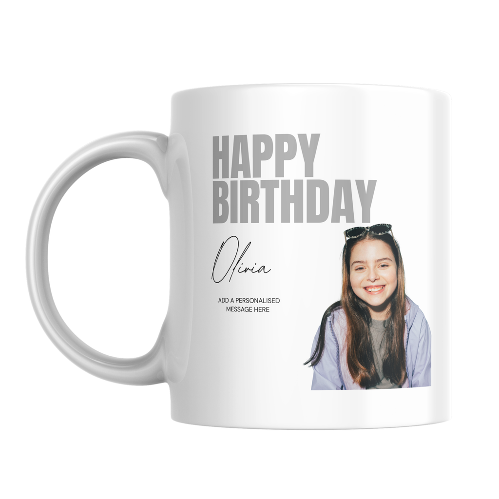 Grey Birthday Photo Mug – front view with example photo
