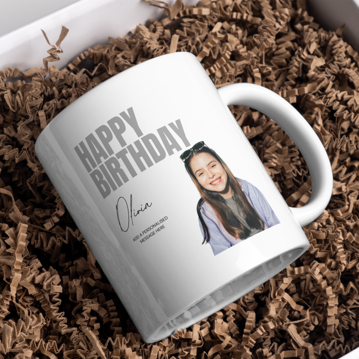 Grey Birthday Photo Mug – gift presentation on paper packing