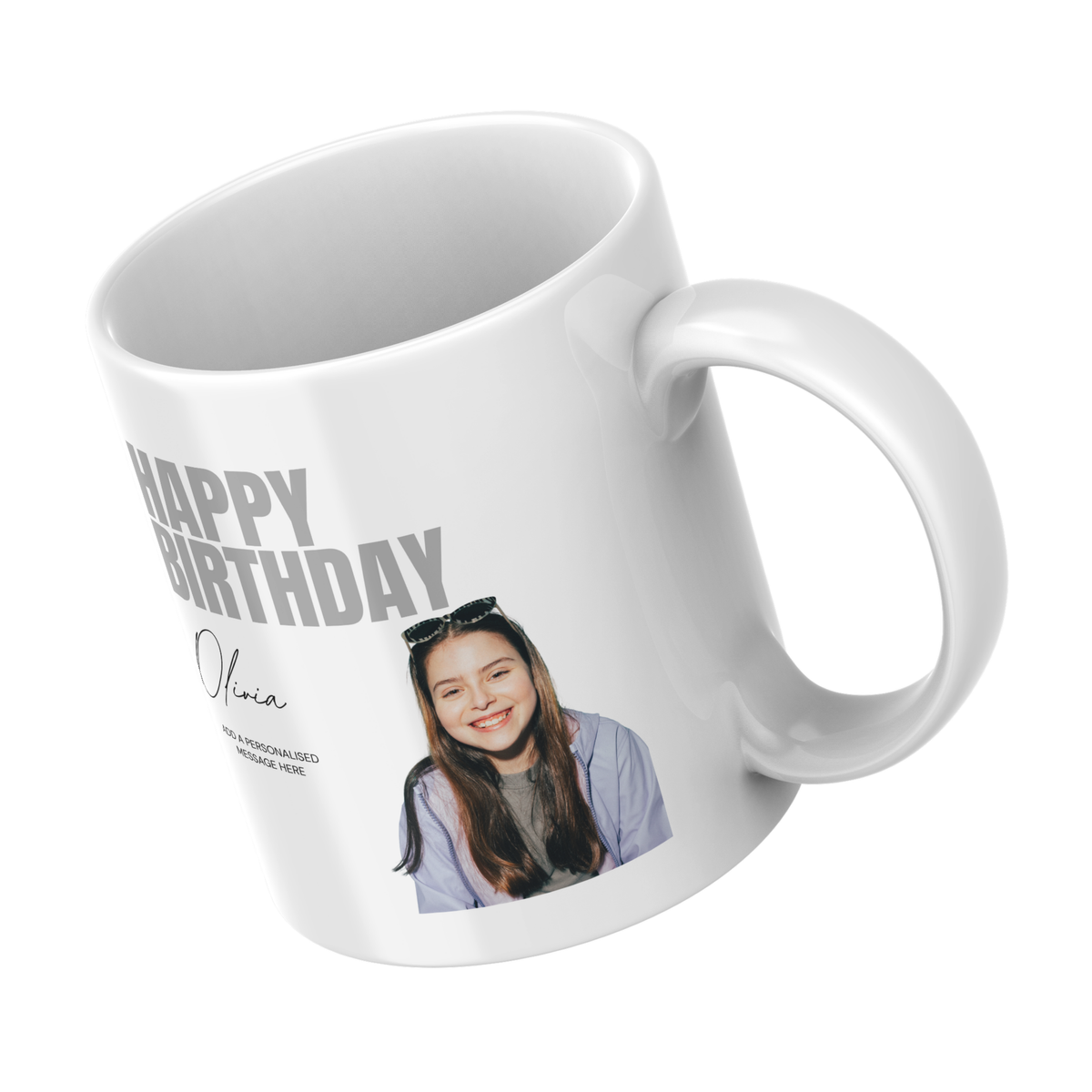 Grey Birthday Photo Mug – angled view