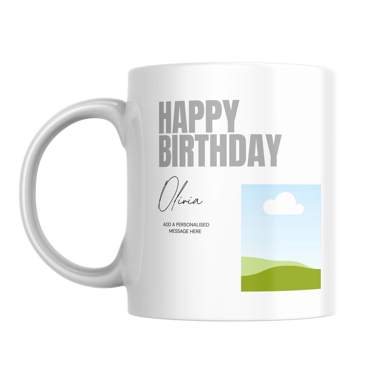 Grey Birthday Photo Mug – front view with photo placeholder