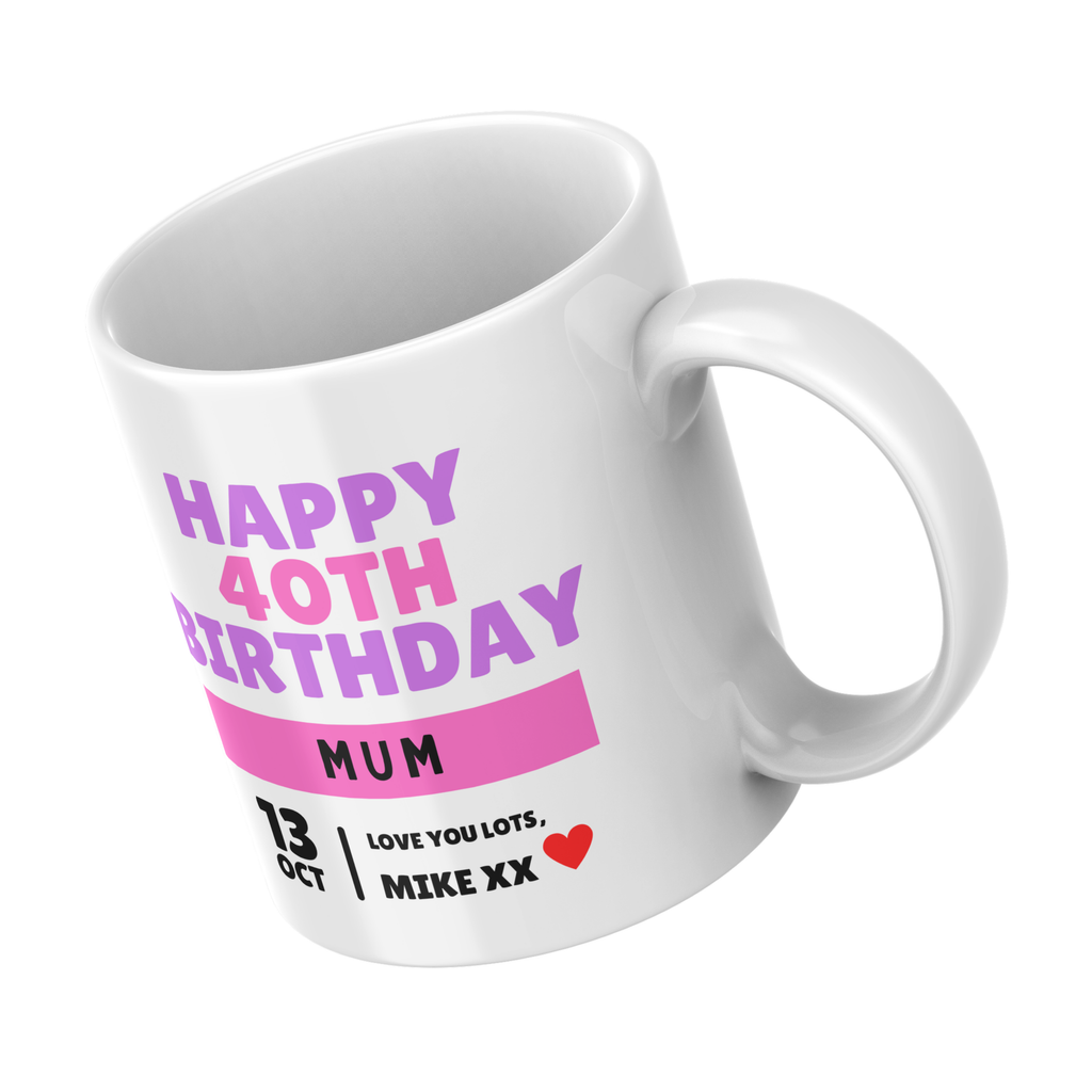 Happy 40th Birthday Mum Mug – angled view